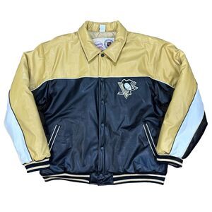 Pittsburgh Penguins Leather Jacket Retro Black Gold Men’s Size Large